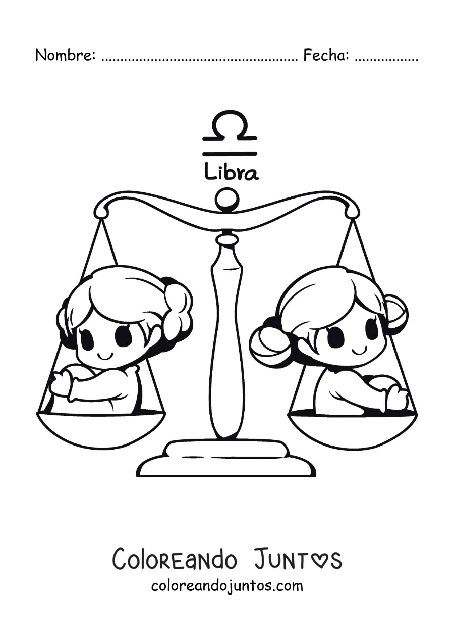Imagen para colorear de símbolo del signo Libra con dos niñas kawaii animadas