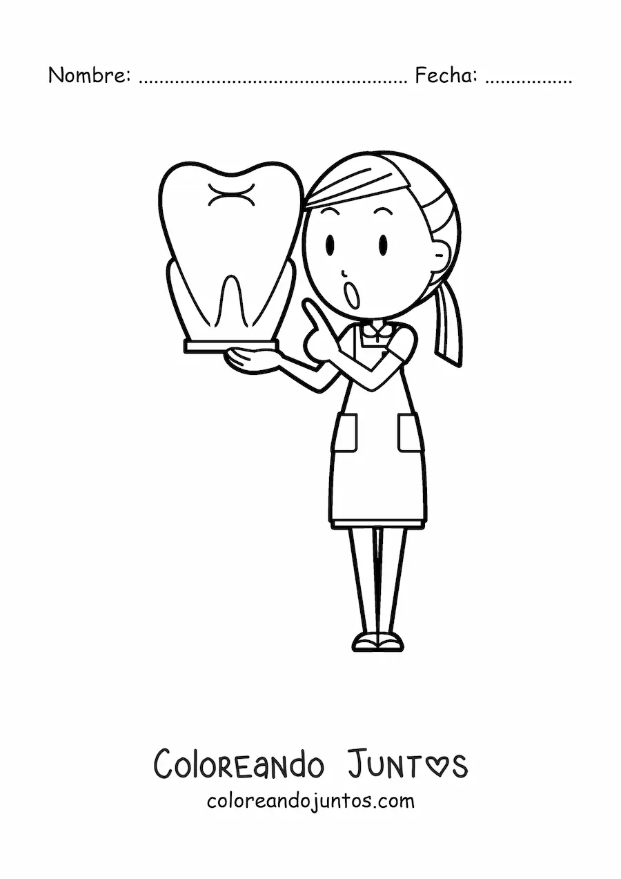 Imagen para colorear de una dentista sosteniendo un diente gigante