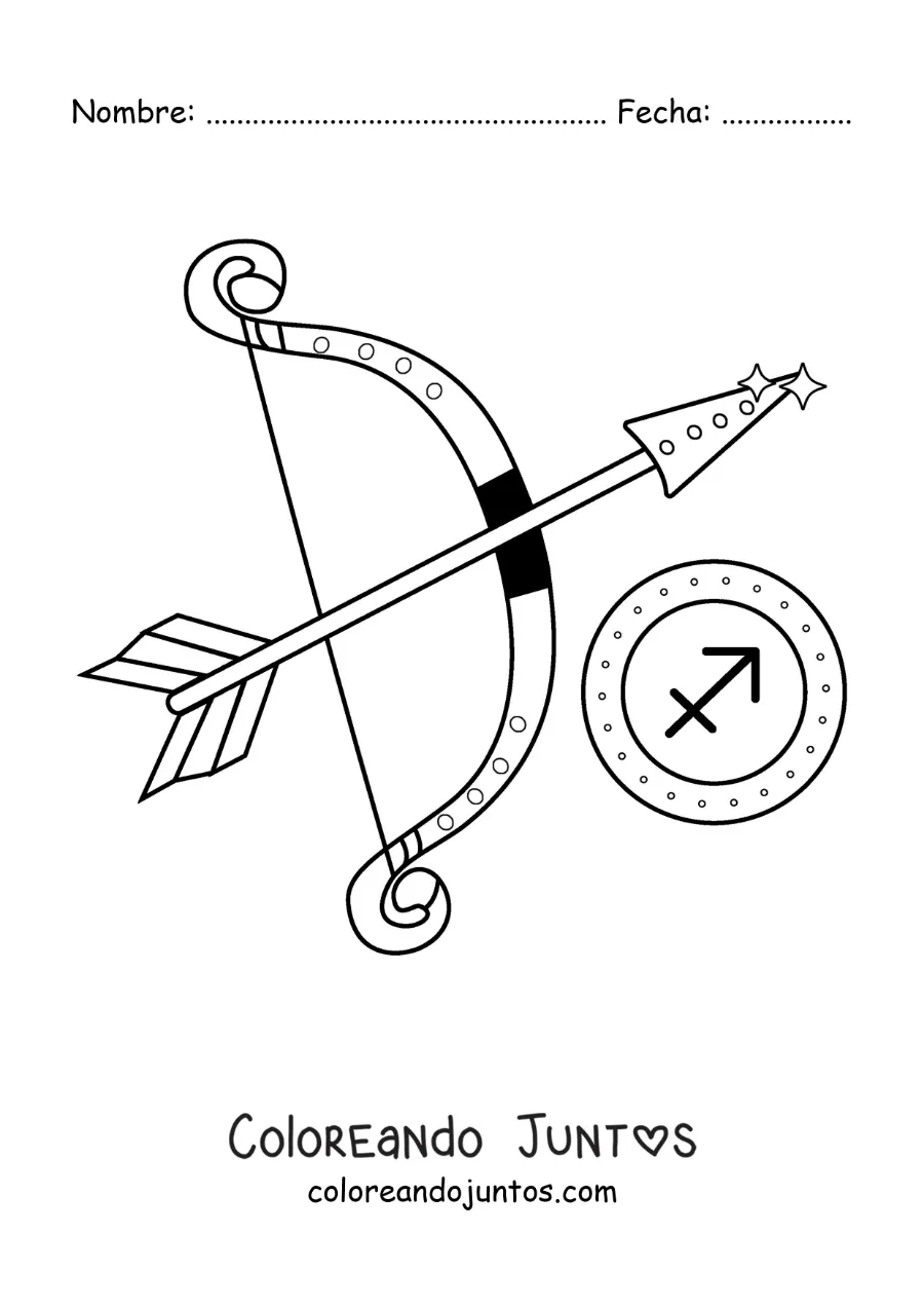 Imagen para colorear de arco y flecha con el símbolo de Sagitario