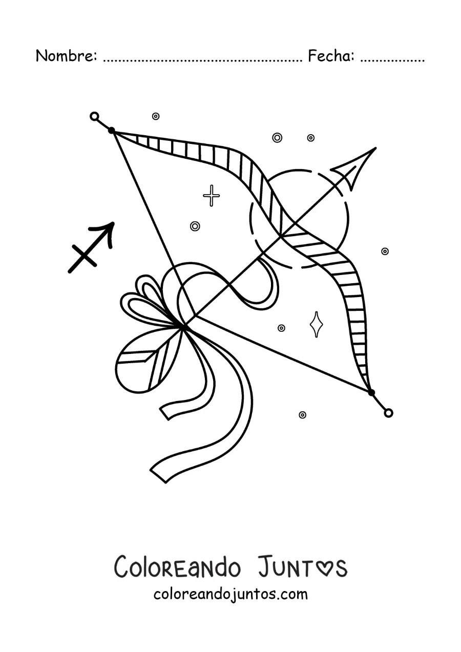 Imagen para colorear de arco y flecha de Sagitario con su símbolo y estrellas