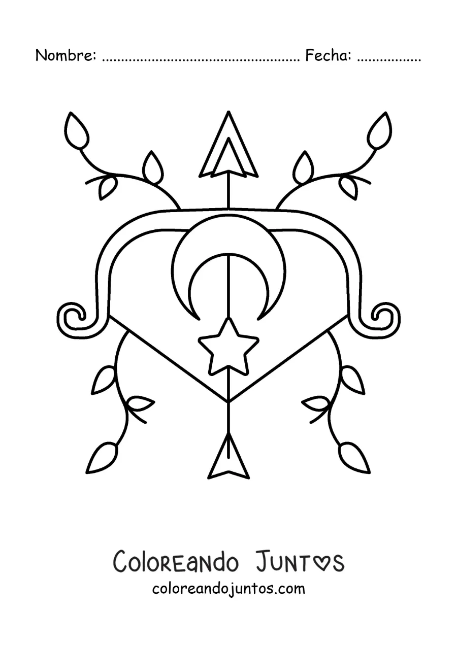 Imagen para colorear de símbolo de Sagitario animado con hojas y astros