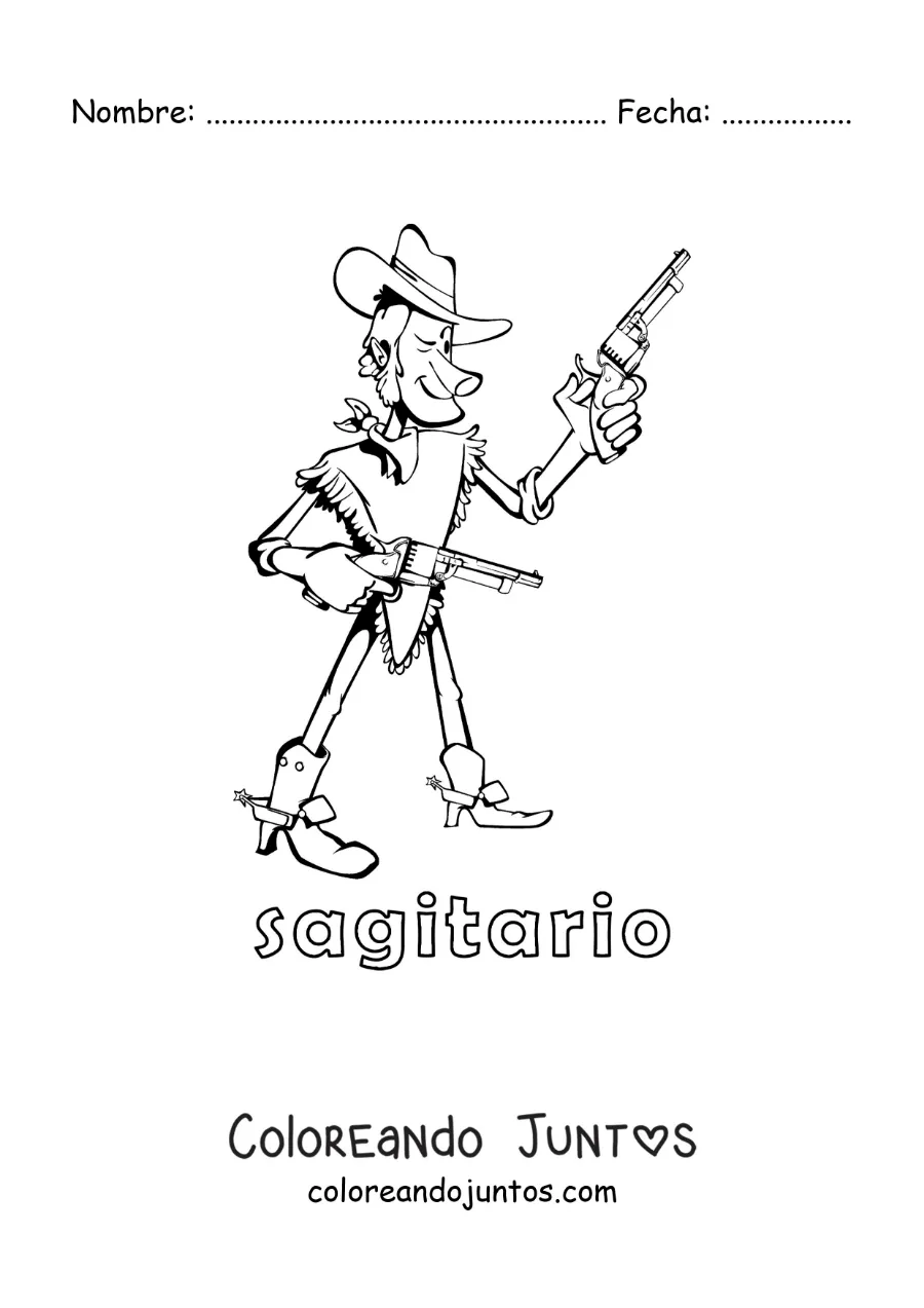 Imagen para colorear de caricatura infantil de un vaquero del signo Sagitario con su nombre