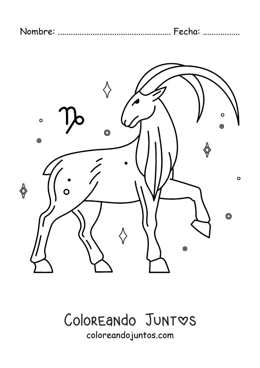 Imagen para colorear de la cabra de Capricornio animada con su símbolo y estrellas