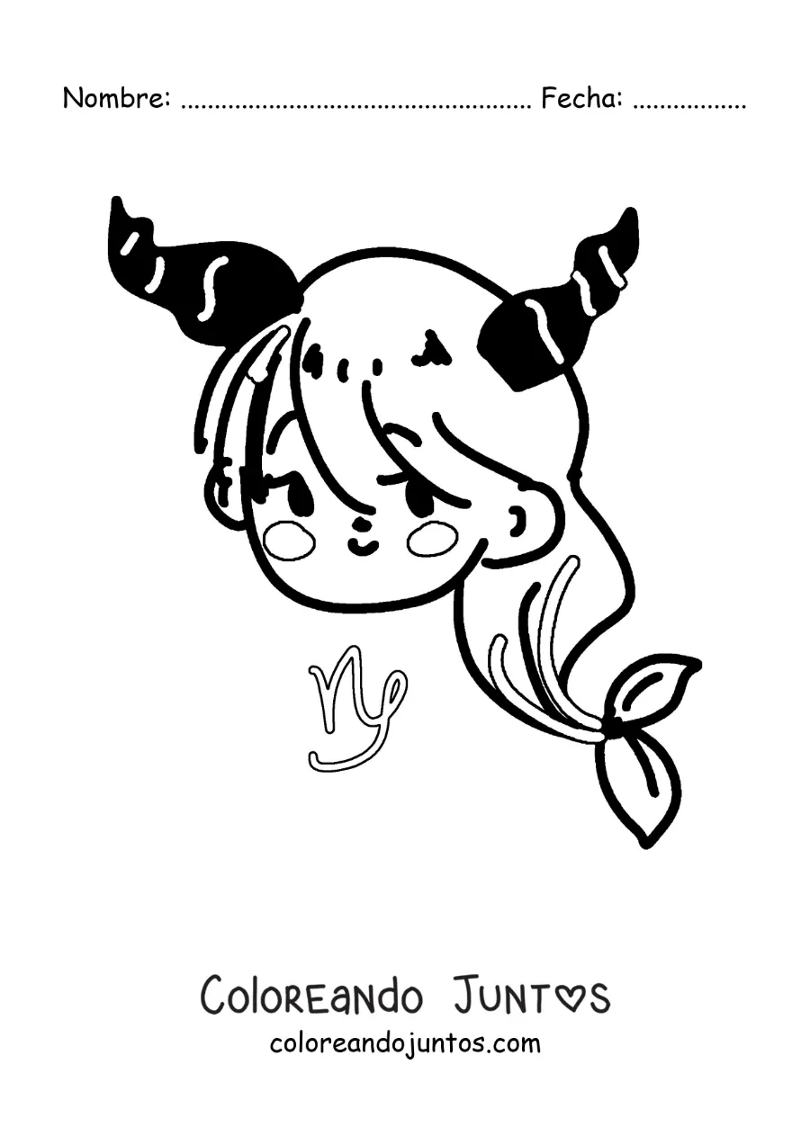 Imagen para colorear de cabra kawaii animada del signo Capricornio con su símbolo