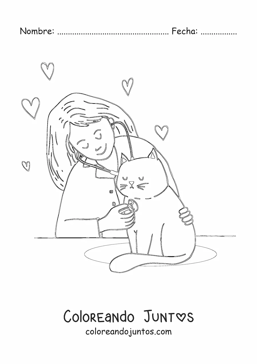 Imagen para colorear de una veterinaria auscultando a un gato