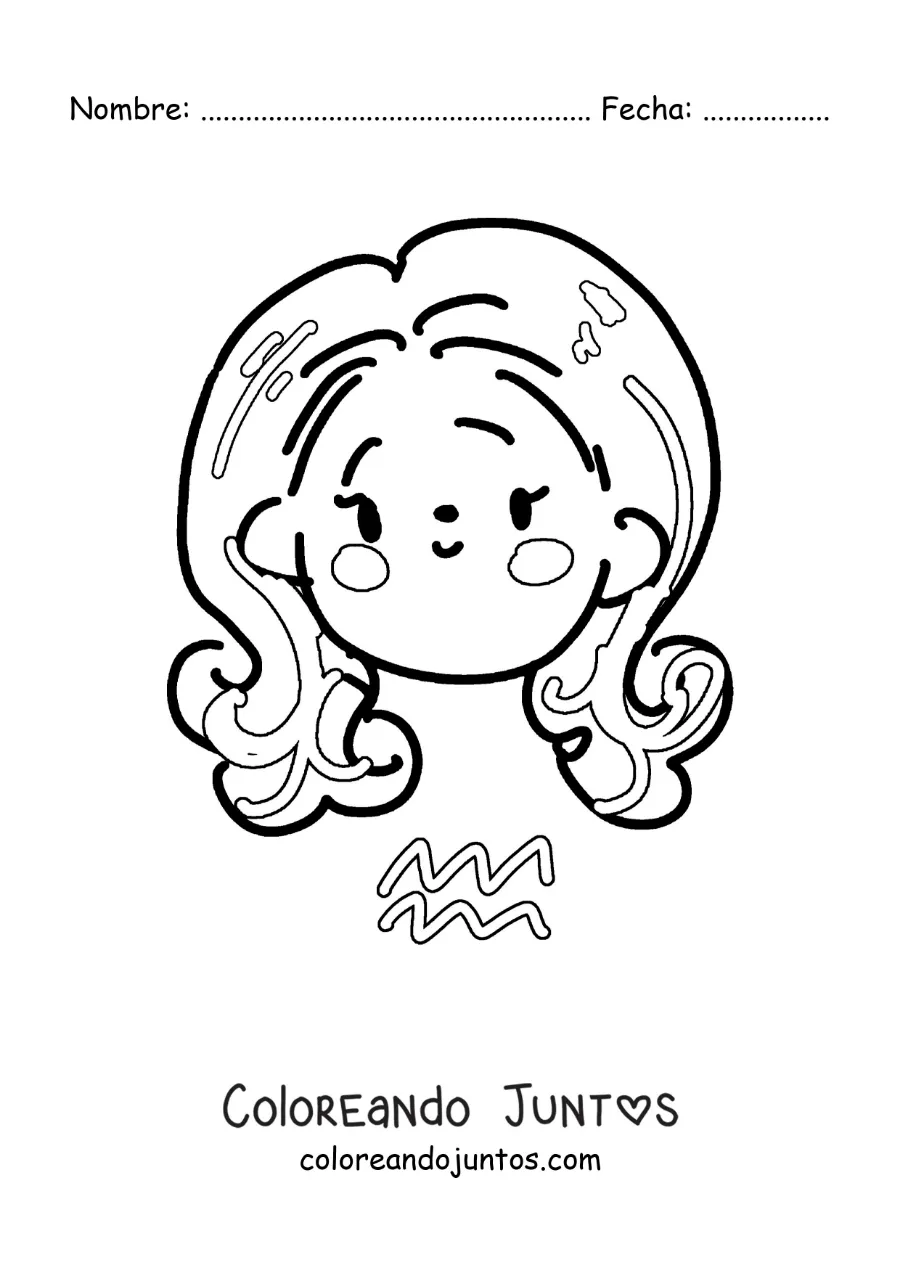Imagen para colorear de una chica kawaii animada del signo Acuario