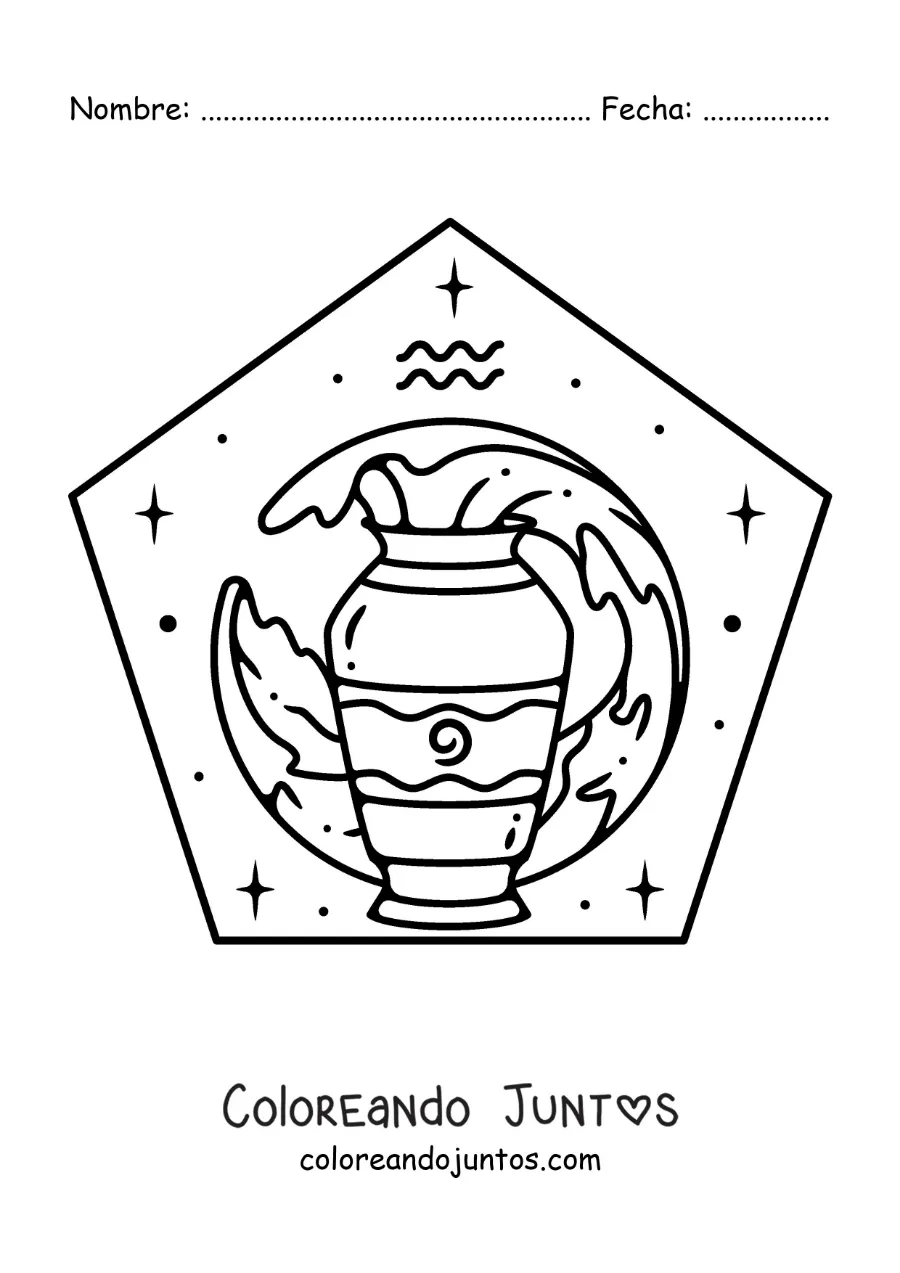 Imagen para colorear de una vasija con agua con el símbolo de Acuario