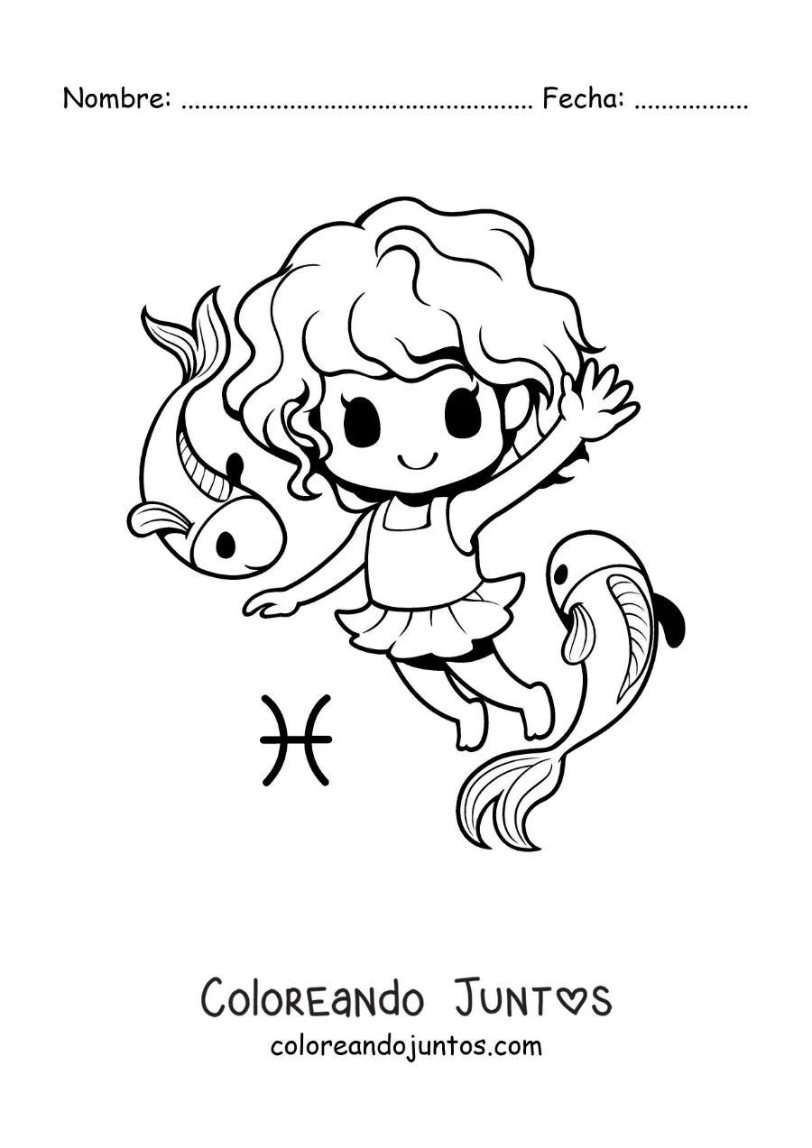 Imagen para colorear de niña kawaii animada del signo Piscis con dos peces