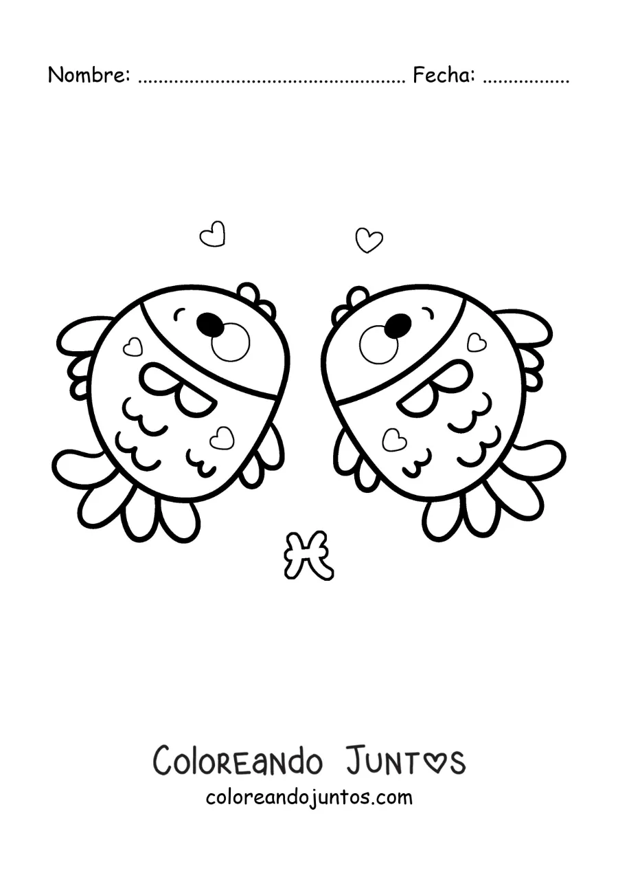 Imagen para colorear de dos peces del signo Piscis kawaii