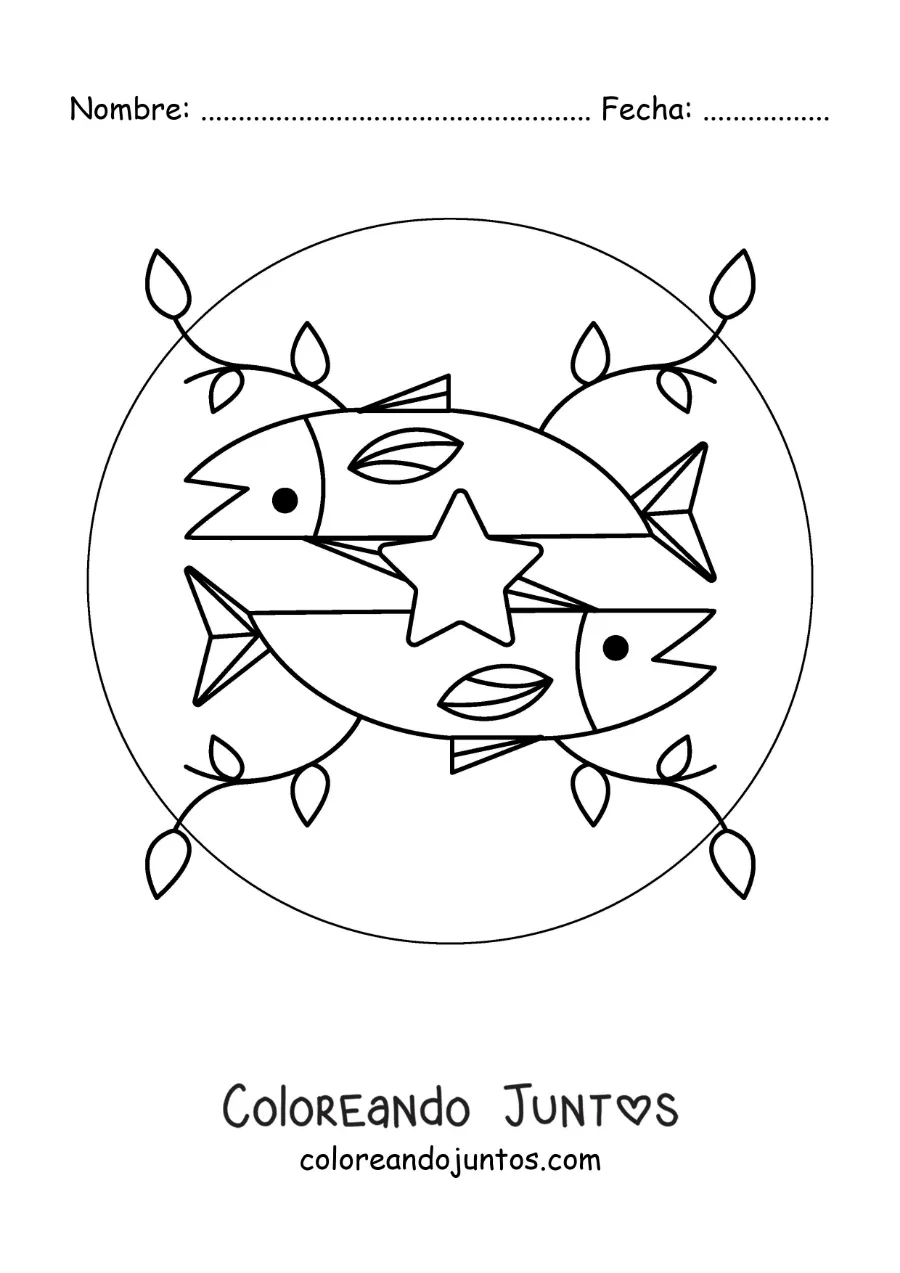 Imagen para colorear de símbolo del signo Piscis animado con hojas