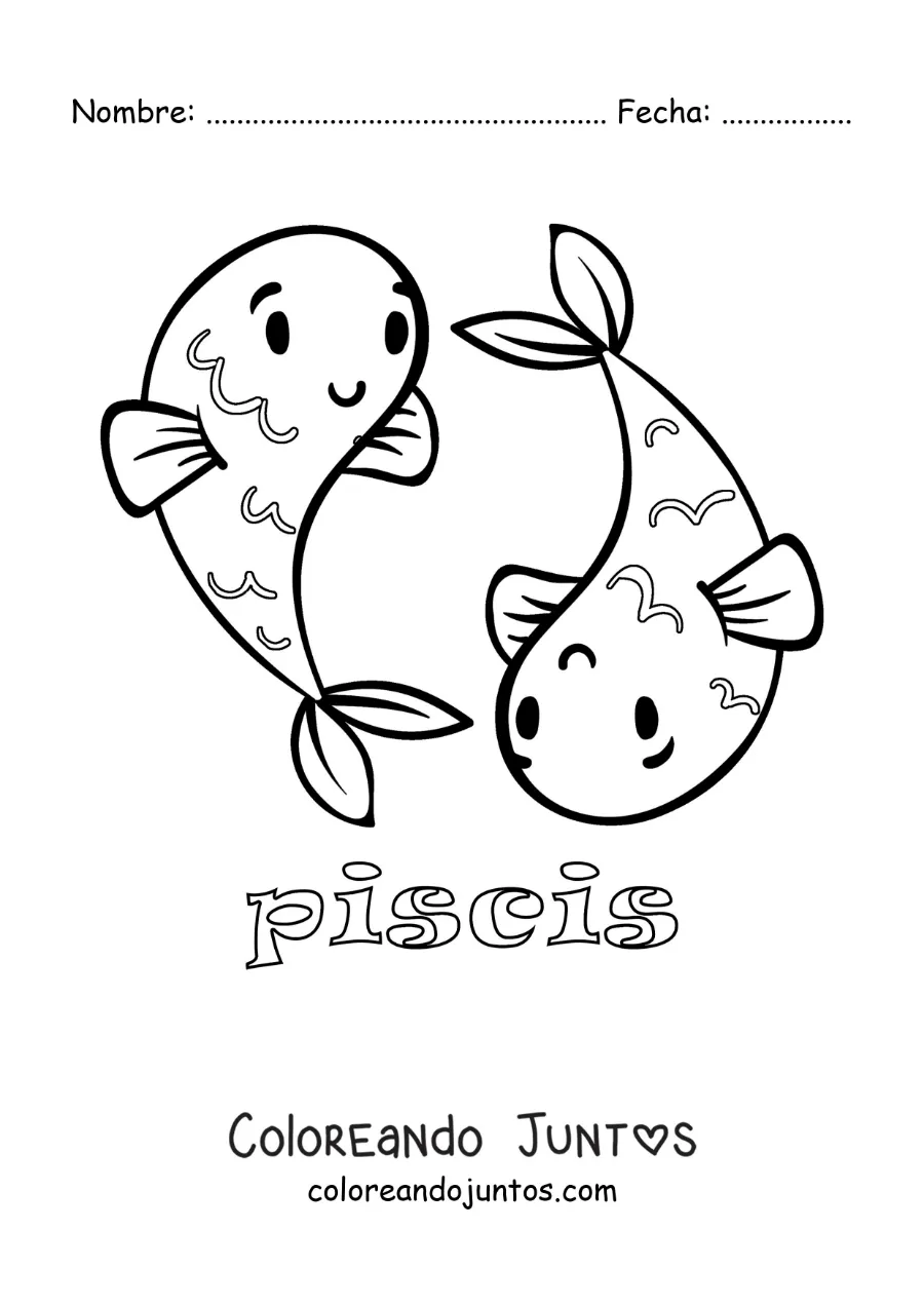 Imagen para colorear de caricatura del signo Piscis con su nombre para niños