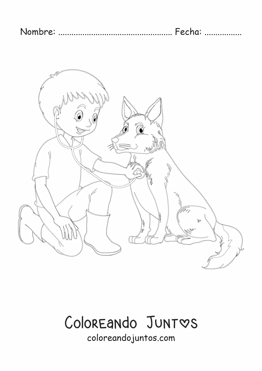 Imagen para colorear de un niño vestido de veterinario auscultando a un perro