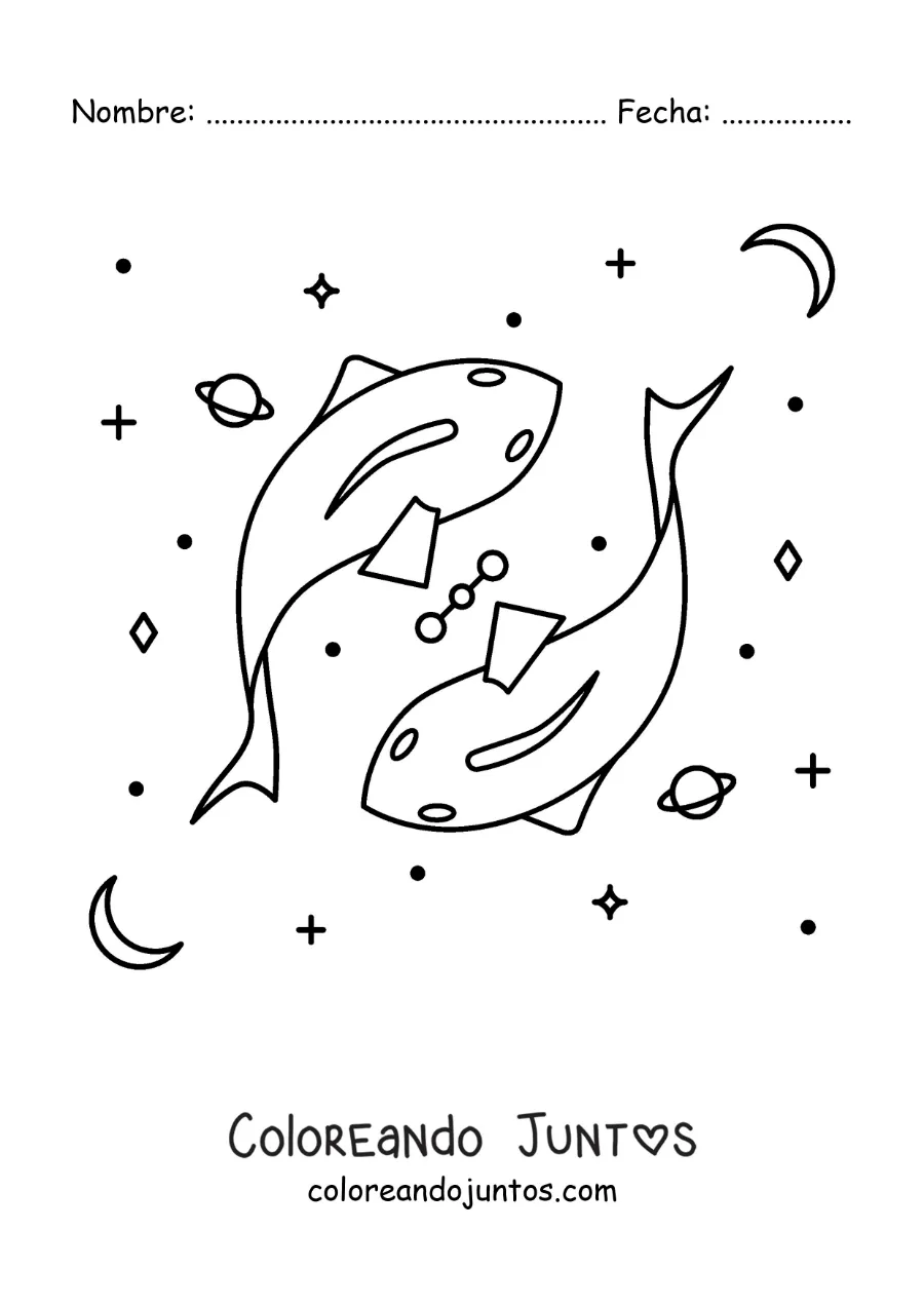 Imagen para colorear de símbolo del signo zodiacal Piscis con astros