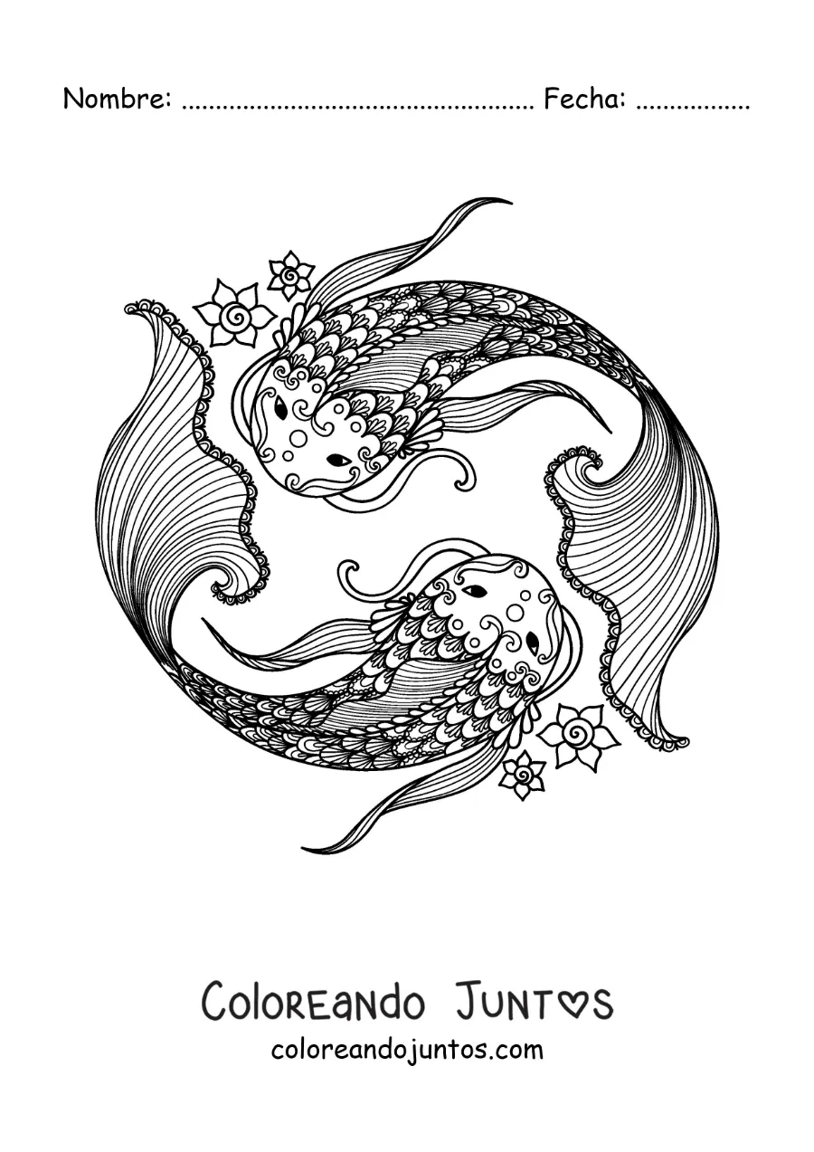 Imagen para colorear de símbolo del signo zodiacal Piscis con flores
