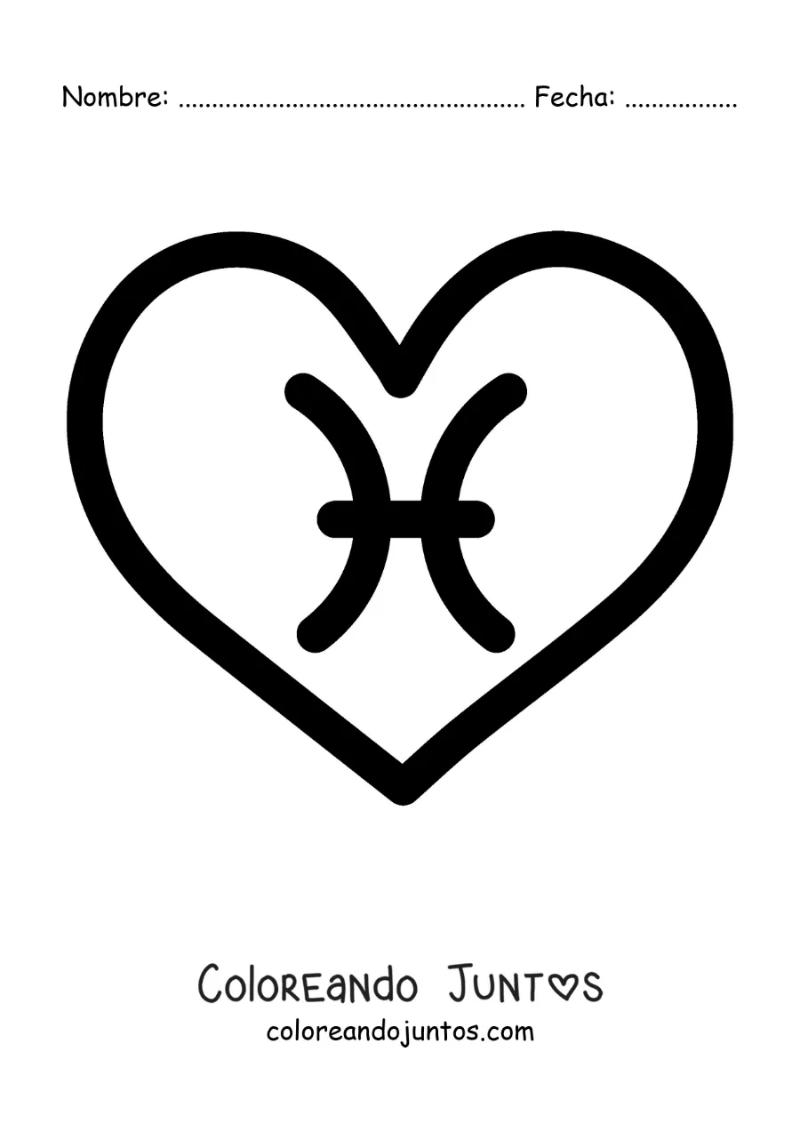 Imagen para colorear de símbolo de Piscis fácil en un corazón