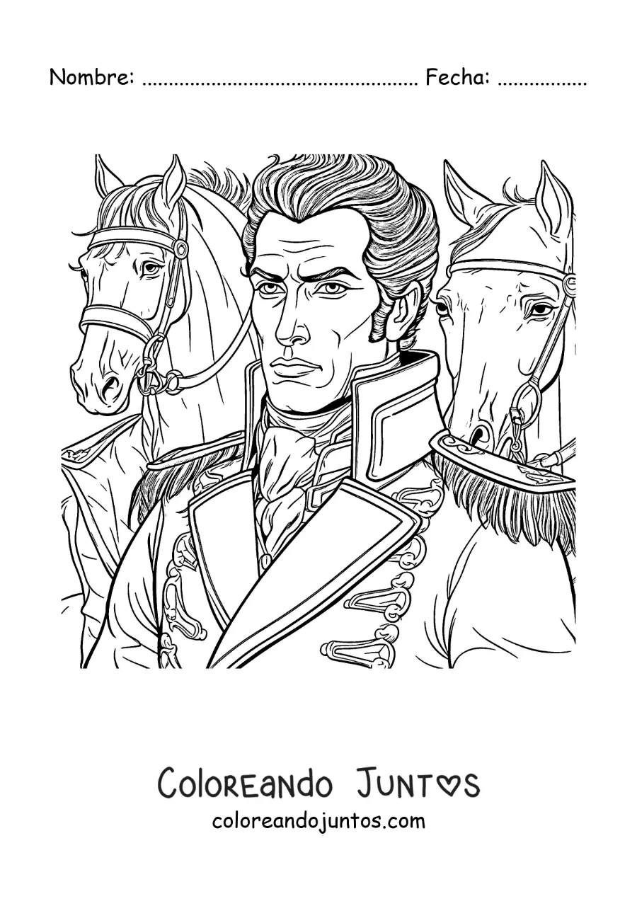 Imagen para colorear de Simón Bolívar en una batalla con caballos