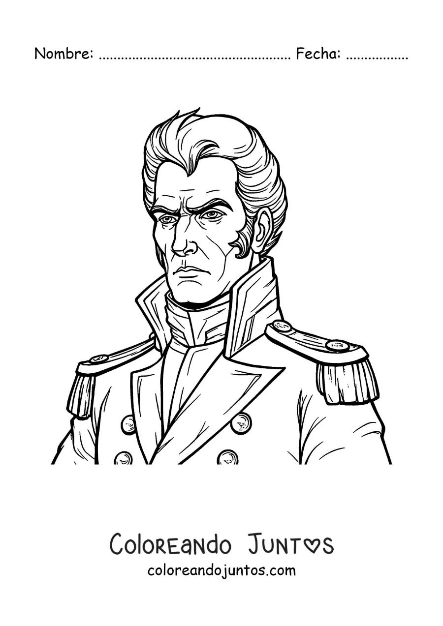 Imagen para colorear de Simón Bolívar animado con su uniforme