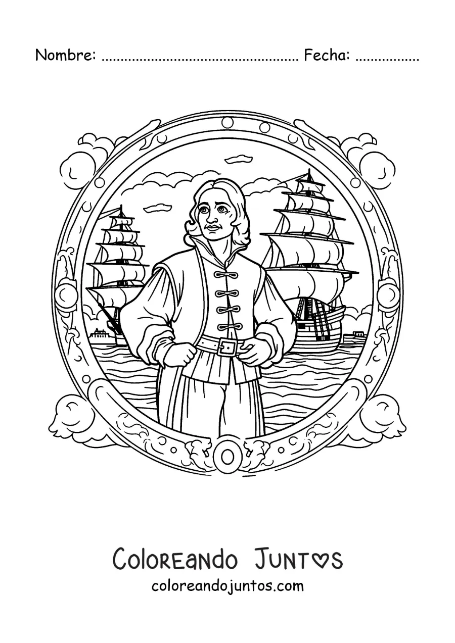 Imagen para colorear de Cristóbal Colón animado con las carabelas