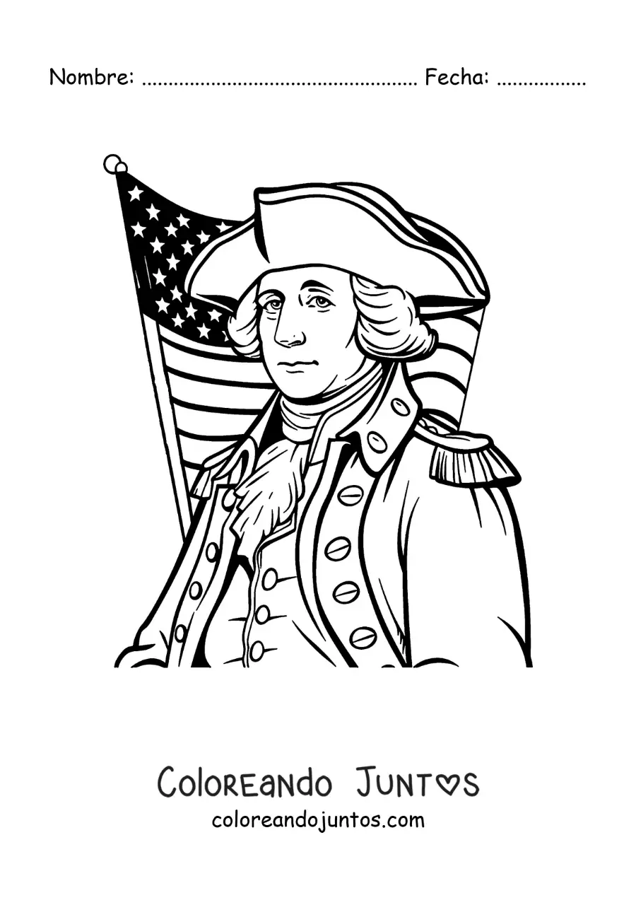 Imagen para colorear de George Washington animado con la bandera de estados unidos
