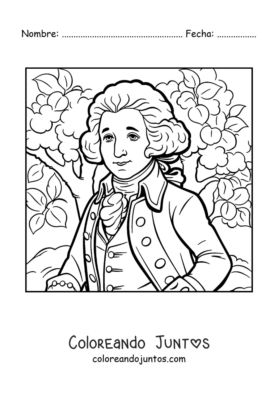 Imagen para colorear de George Washington animado con un árbol de cerezo