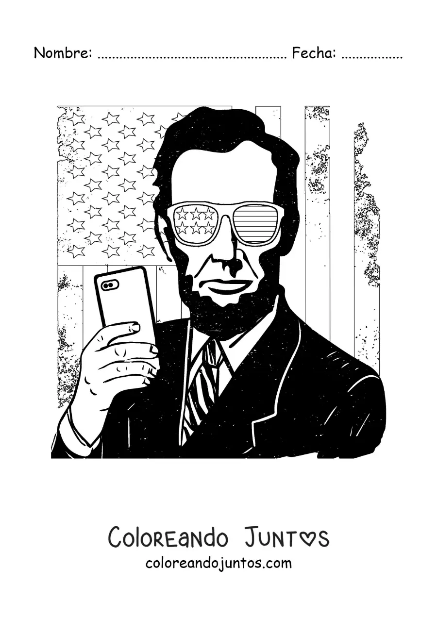 Imagen para colorear de Abraham Lincoln moderno con lentes y la bandera de estados unidos