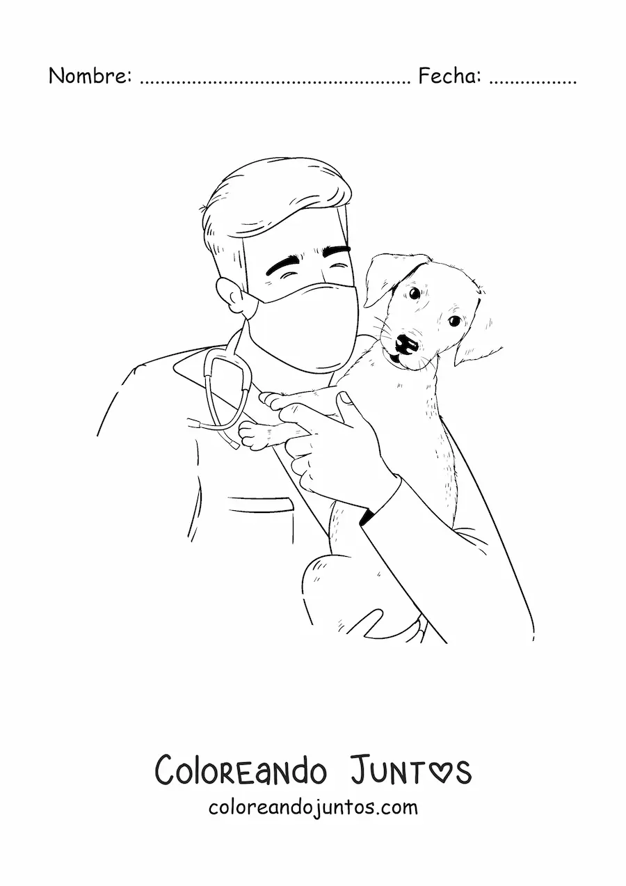 Imagen para colorear de un veterinario sujetando a un cachorro