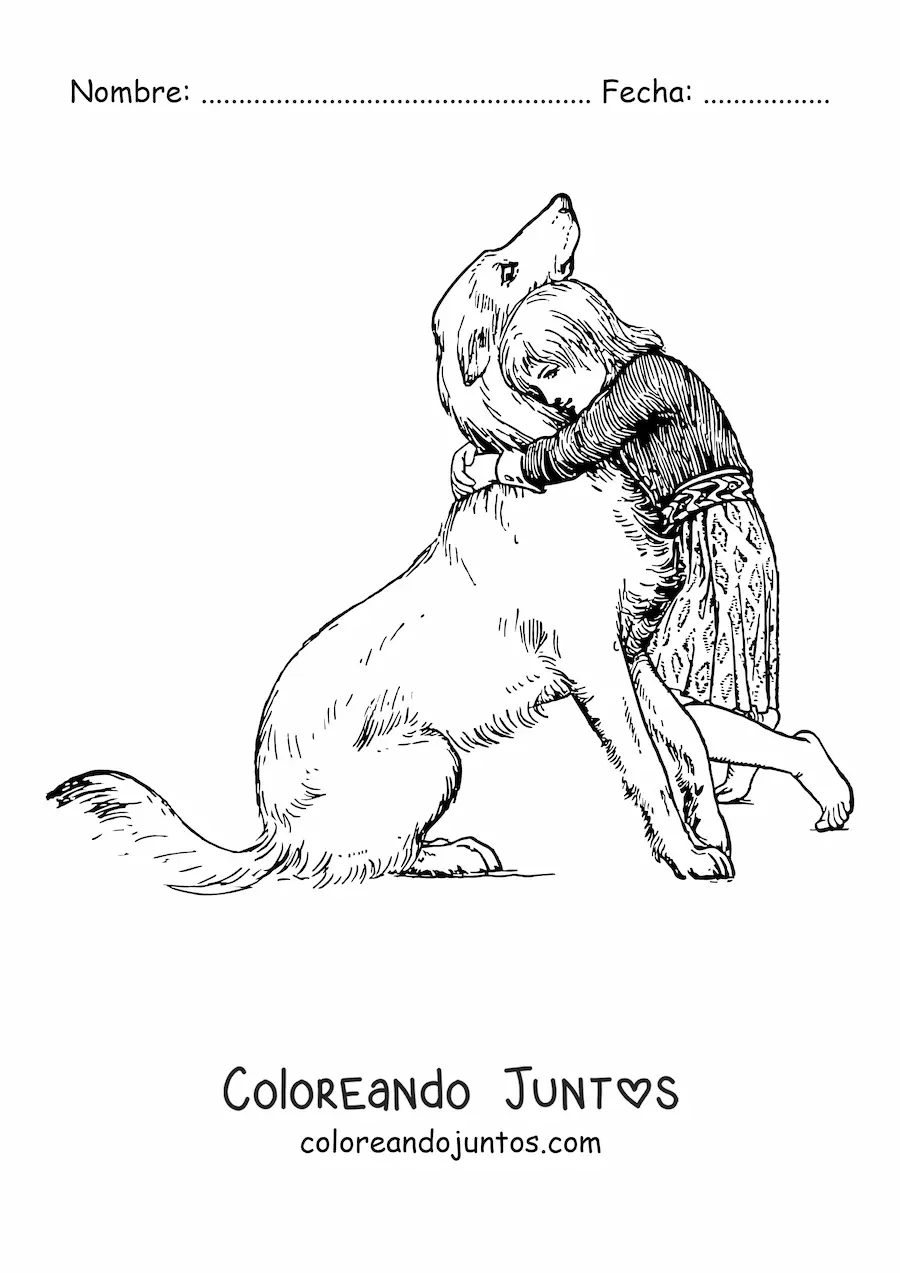 Imagen para colorear de una niña abrazando un perro sentado
