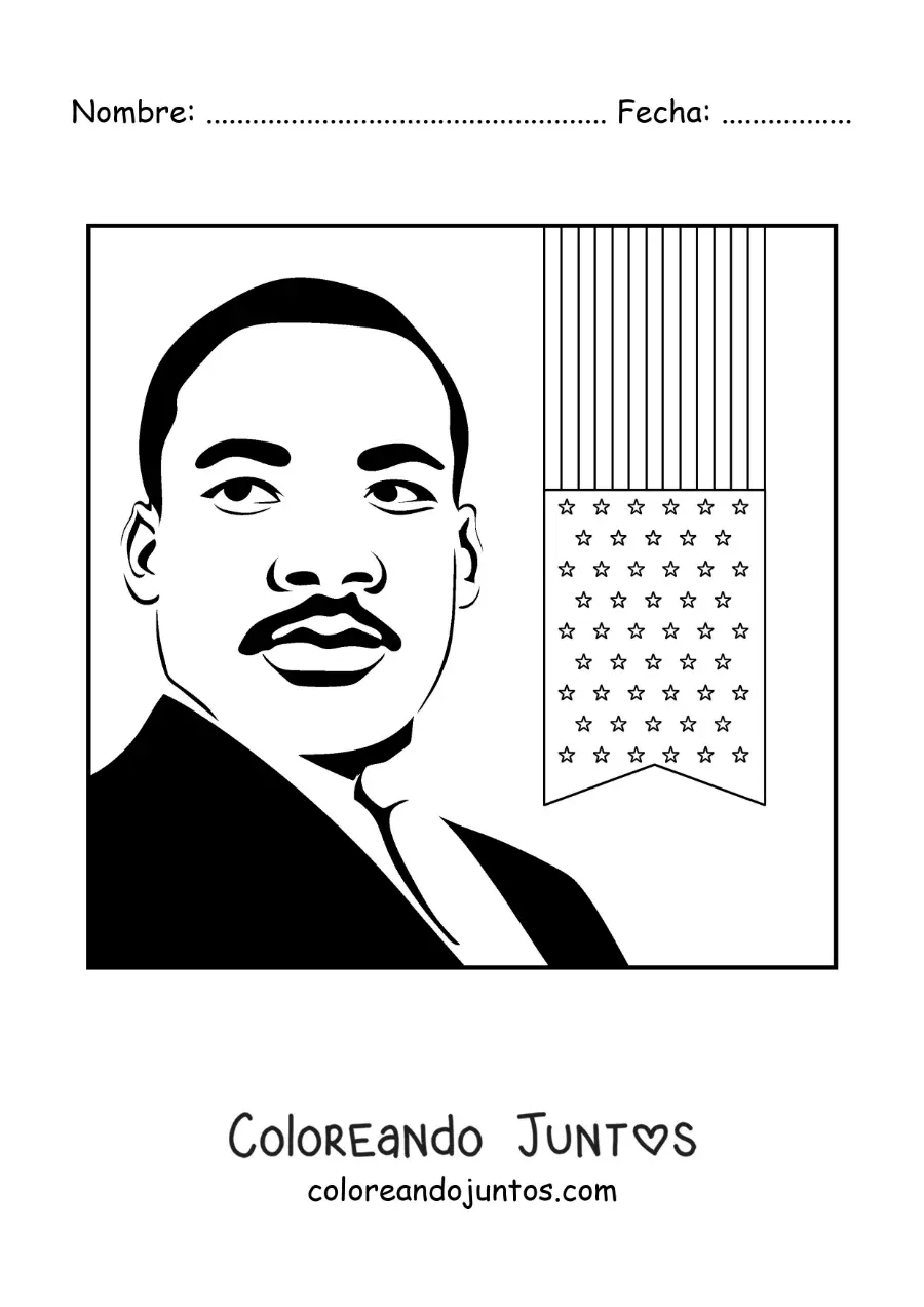Imagen para colorear de un retrato de Martin Luther King con la bandera de usa