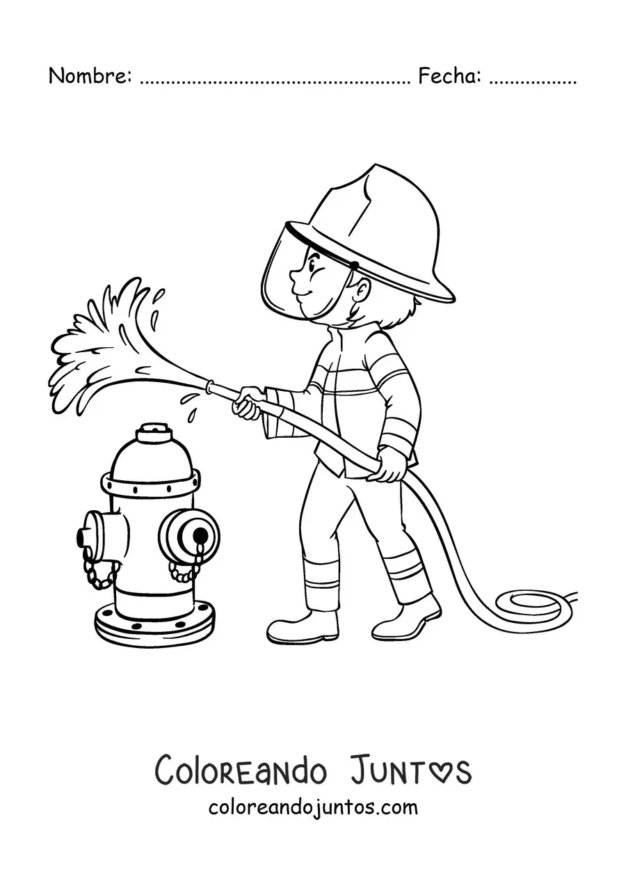 Imagen para colorear de un bombero con una manguera apagando el fuego