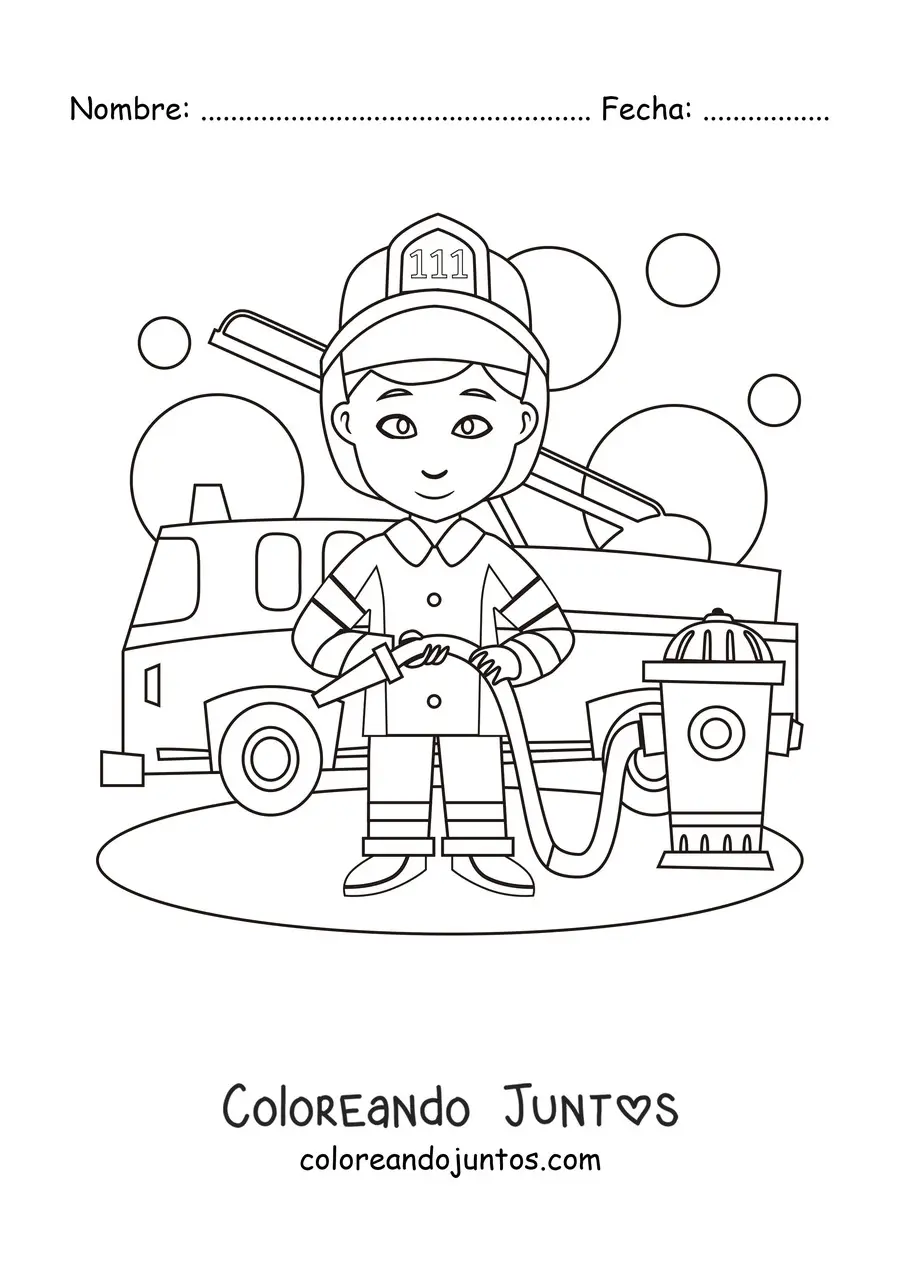 Imagen para colorear de un un bombero animado junto a un camión de bomberos