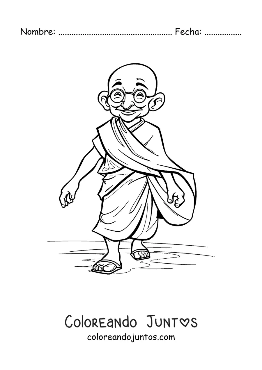 Imagen para colorear de caricatura de Mahatma Gandhi caminando