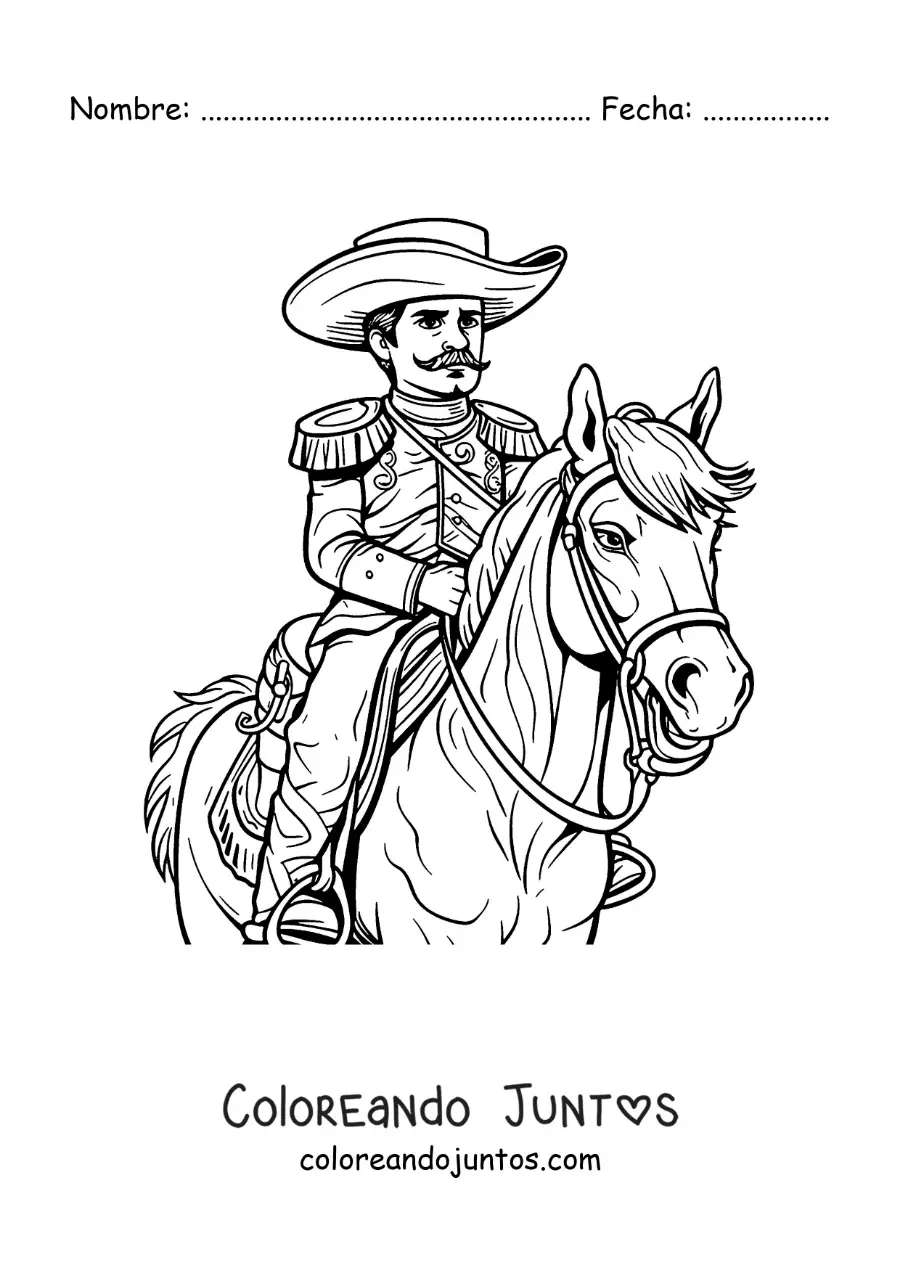 Imagen para colorear de Emiliano Zapata en su caballo en la revolución mexicana