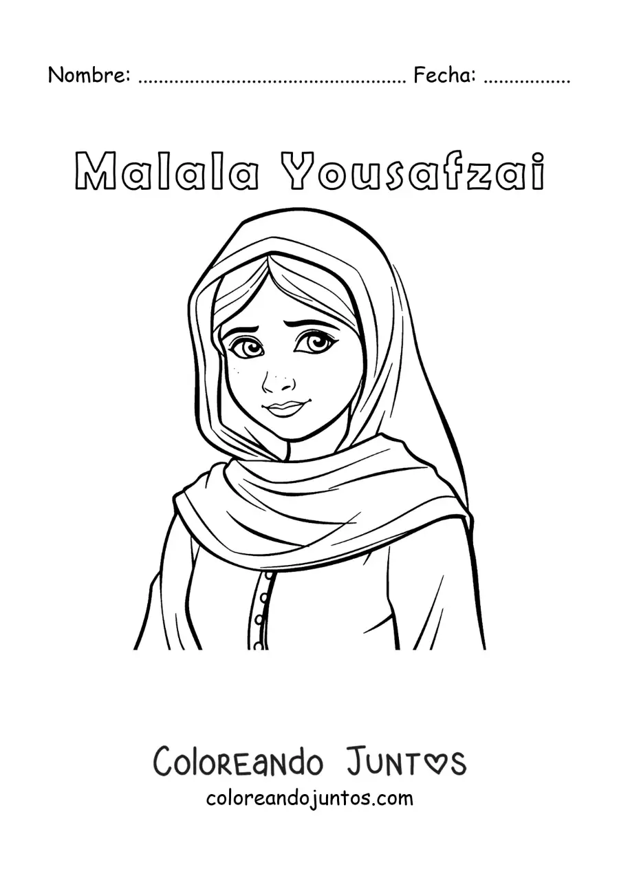 Imagen para colorear de Malala Yousafzai animada para niños
