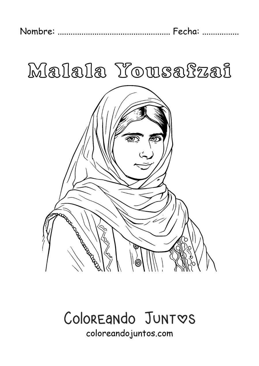 Imagen para colorear de un retrato de Malala Yousafzai con su nombre