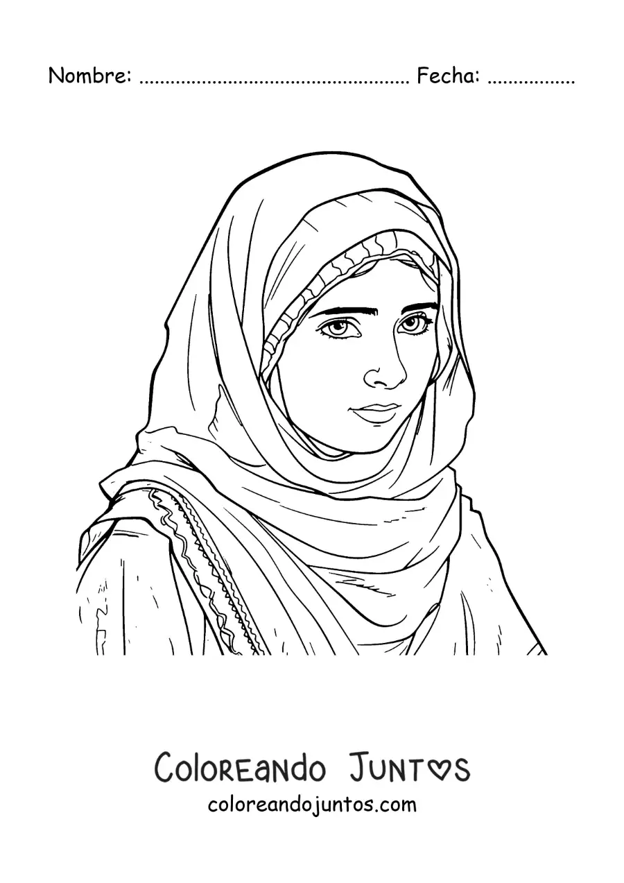Imagen para colorear de un retrato de Malala la ganadora del premio nobel