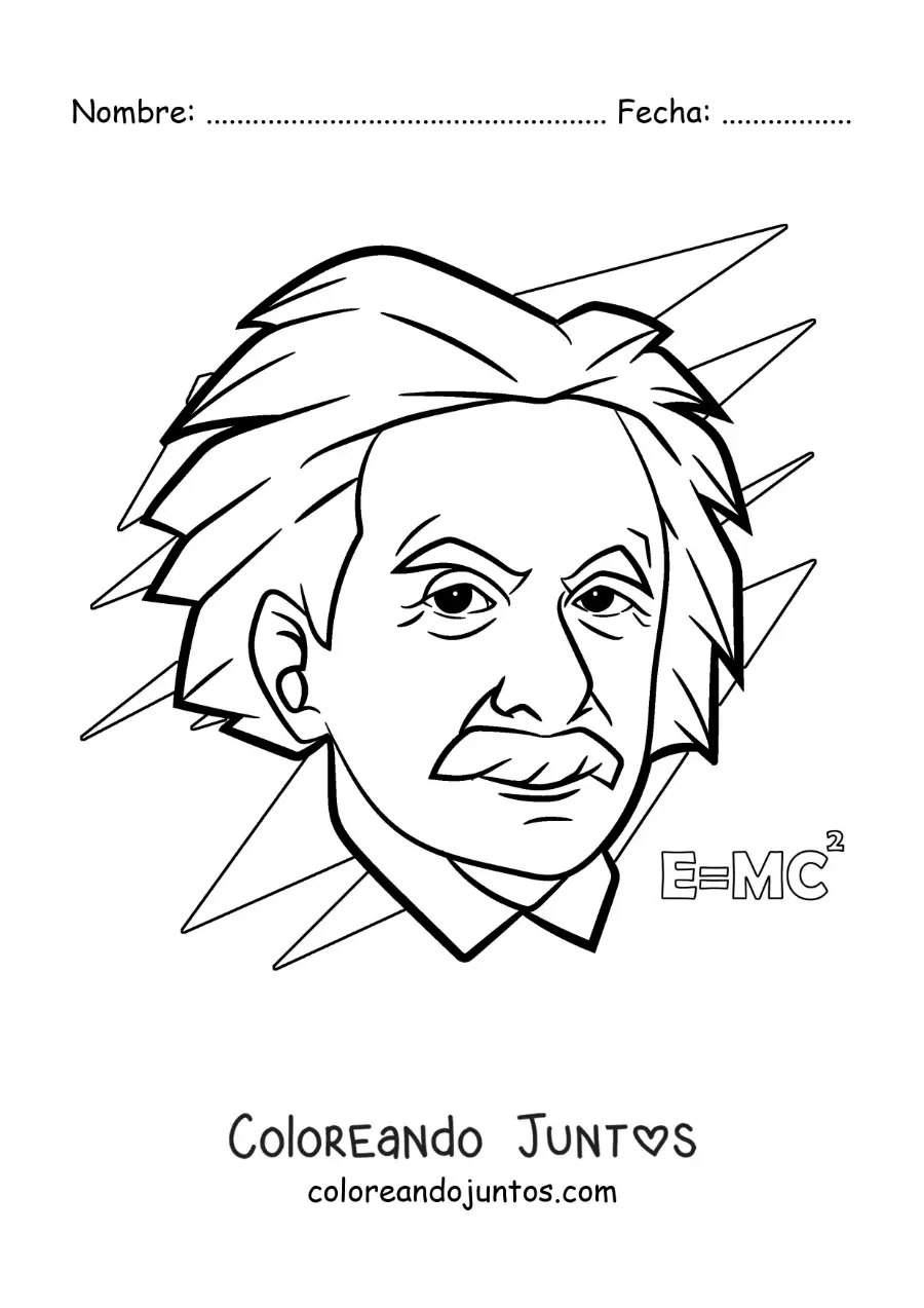 Imagen para colorear del científico Albert Einstein animado con una fórmula física