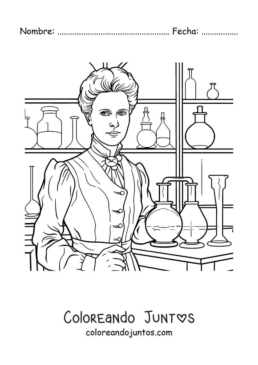 Imagen para colorear de Marie Curie animada en su laboratorio de química