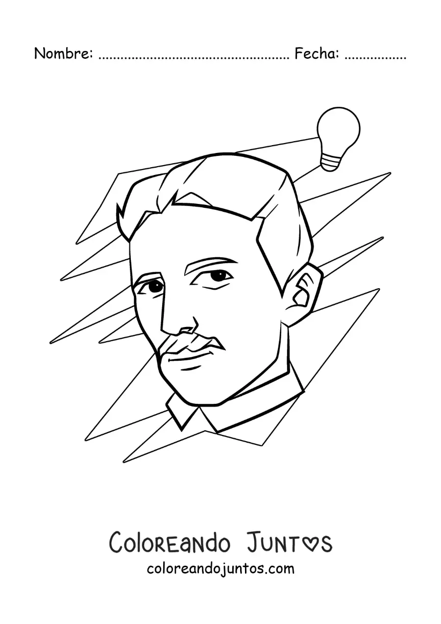 Imagen para colorear de Nikola Tesla y un bombillo alimentado por corriente alterna