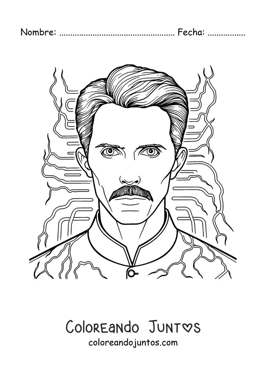 Imagen para colorear de Nikola Tesla con rayos de corriente alterna