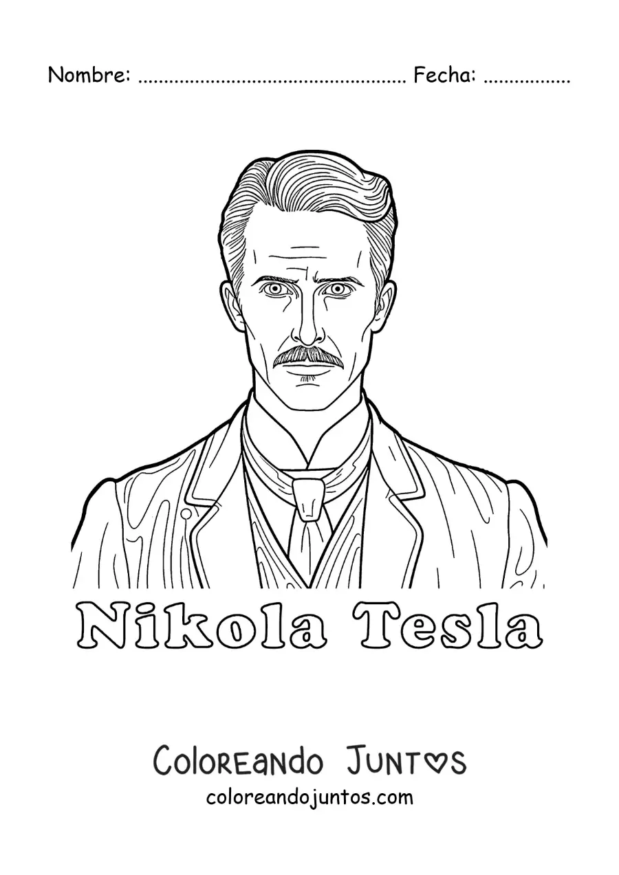Imagen para colorear de un retrato de Nikola Tesla con su nombre