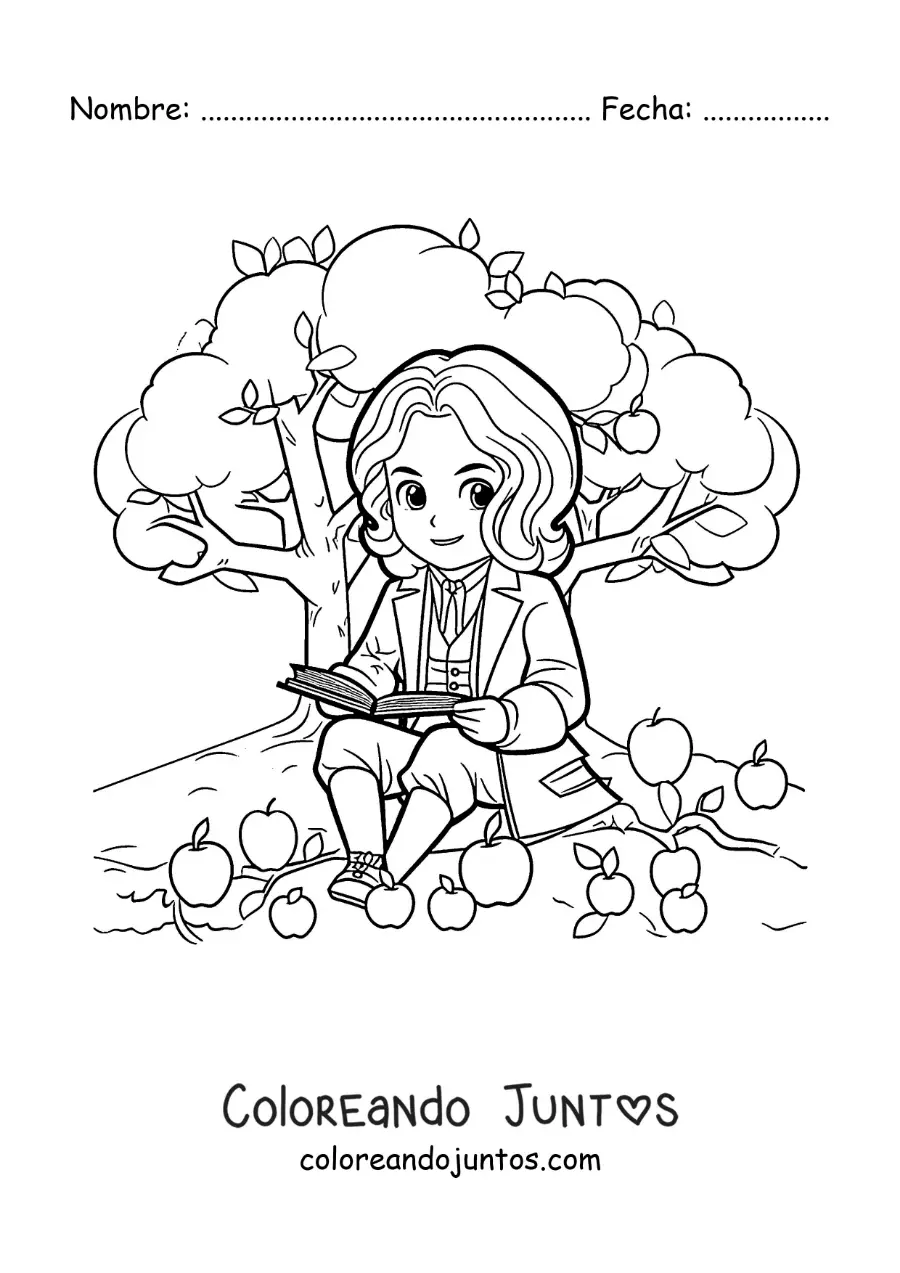 Imagen para colorear de Isaac Newton animado leyendo bajo un manzano