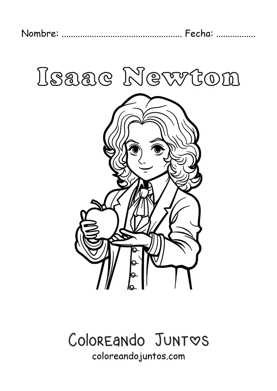 Imagen para colorear de Isaac Newton animado con una manzana y con su nombre