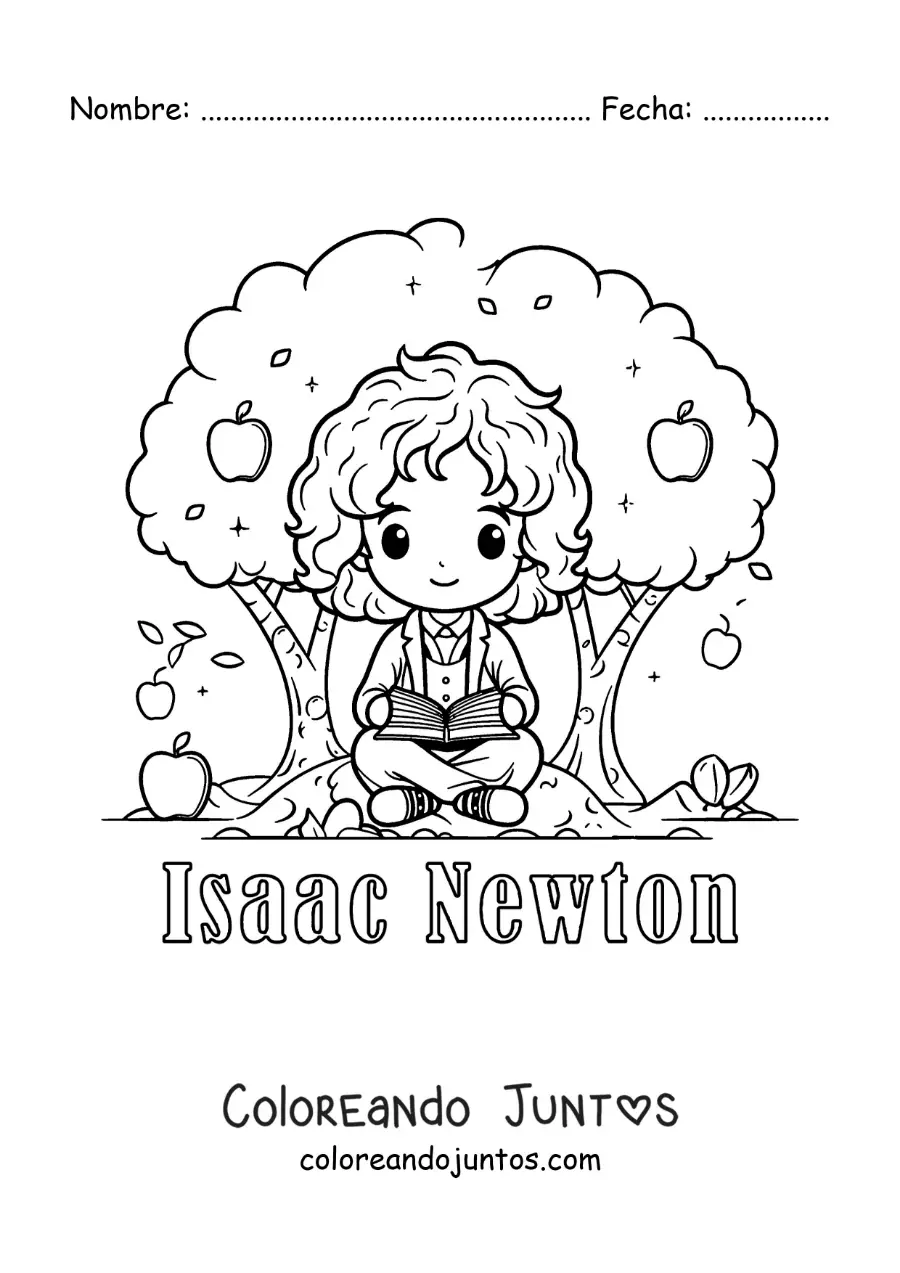 Imagen para colorear de Isaac Newton kawaii leyendo bajo un árbol manzano