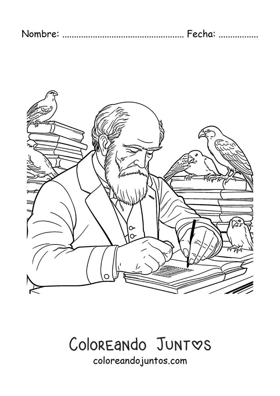 Imagen para colorear de Charles Darwin escribiendo en un escritorio