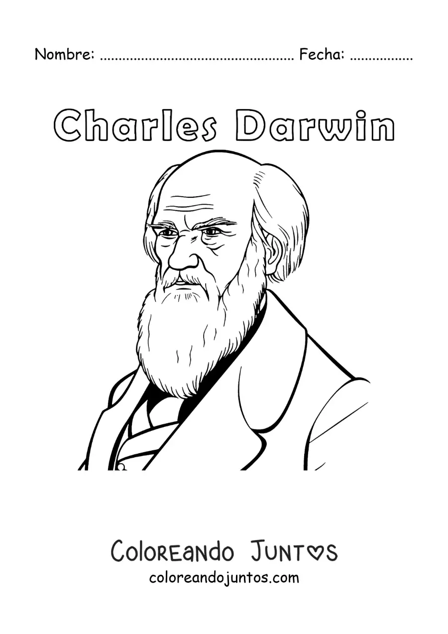 Imagen para colorear de un retrato de Charles Darwin fácil con su nombre