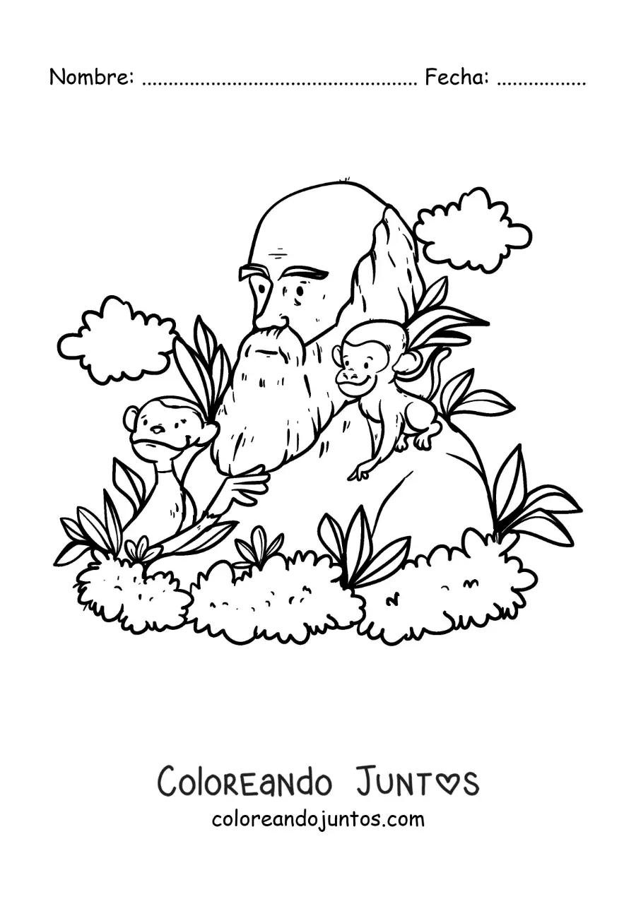 Imagen para colorear de Charles Darwin animado estudiando a los monos