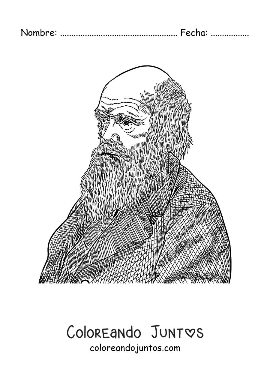 Imagen para colorear de un retrato a lápiz de Charles Darwin