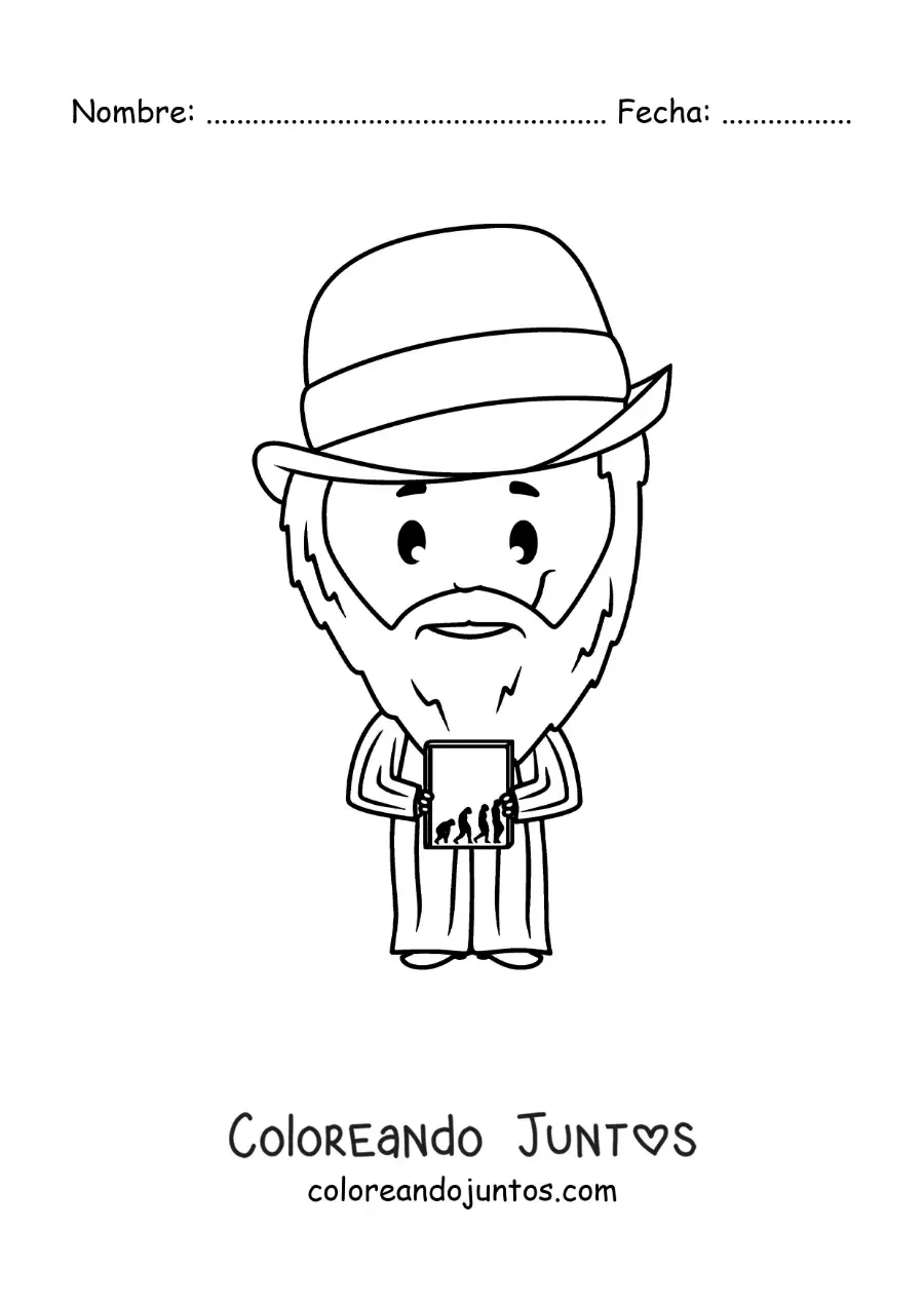 Imagen para colorear de una caricatura fácil de Charles Darwin para niños