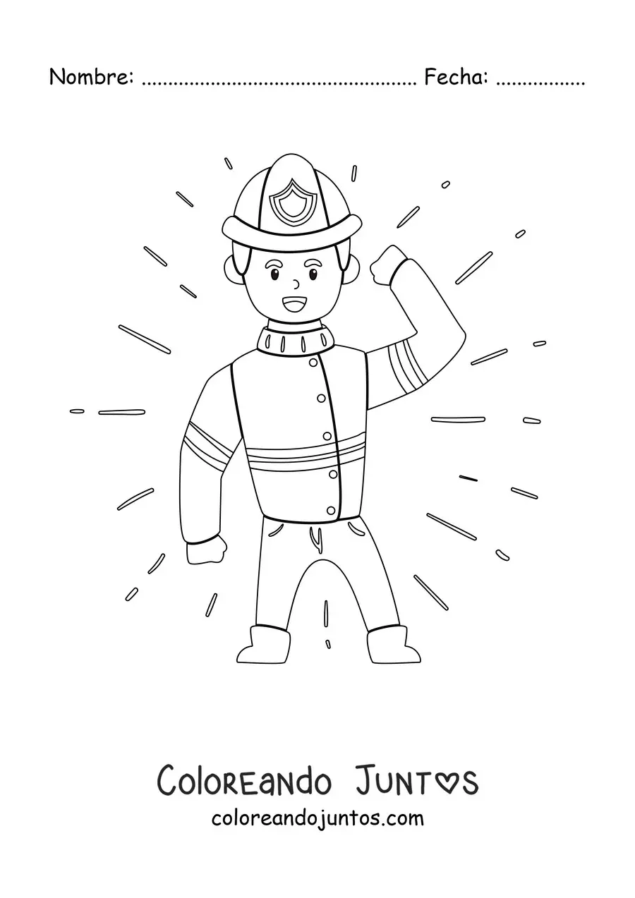 Imagen para colorear de un bombero animado saludando sujetando su casco