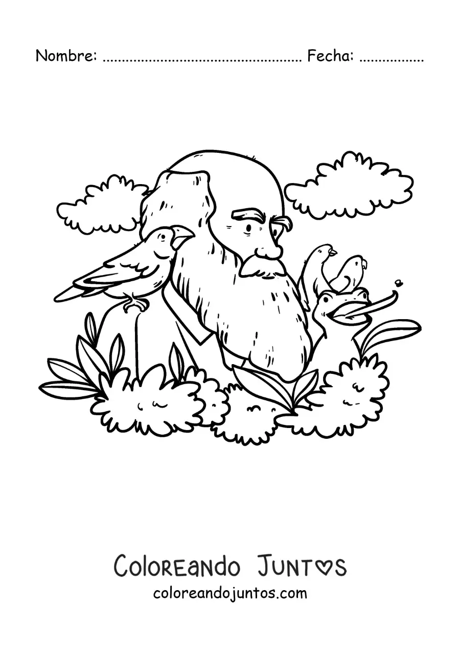 Imagen para colorear de Charles Darwin animado estudiando a las aves